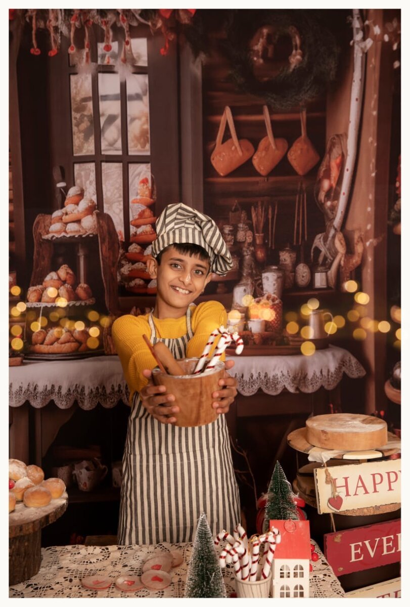 Lucky in his chef hat and apron